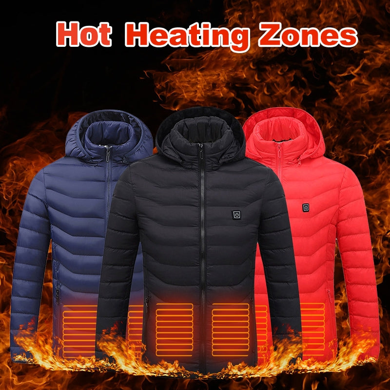 Veymodo Black Zone 2 USB Heated Jacket - Front view with removable hood and heating elements